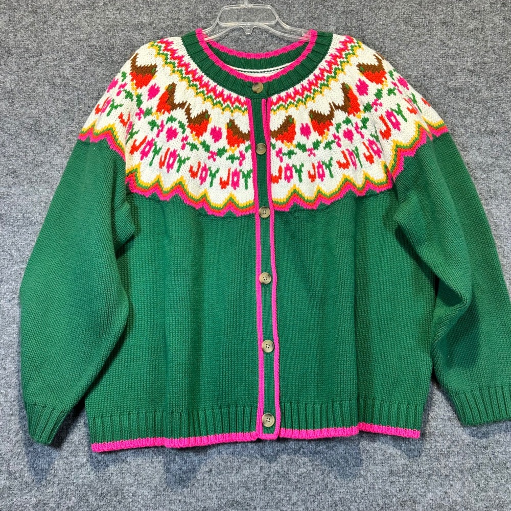 Lands' End Cardigan Sweater Women 3X Green Fair Isle Joy Holiday Festive Chicken